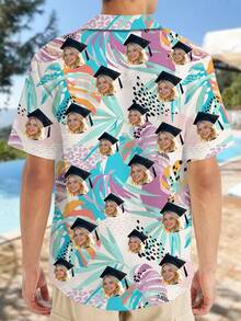 1pc Customizable Men's Hawaiian Shirt For Graduation Season, Personalized Men's Brazilian Collar Button-Up Shirt With Funny Face Design, Customize 2026 Campus Shirt, Create A Unique Graduation Gift Top For Family And Friends - Multicolor - View 2