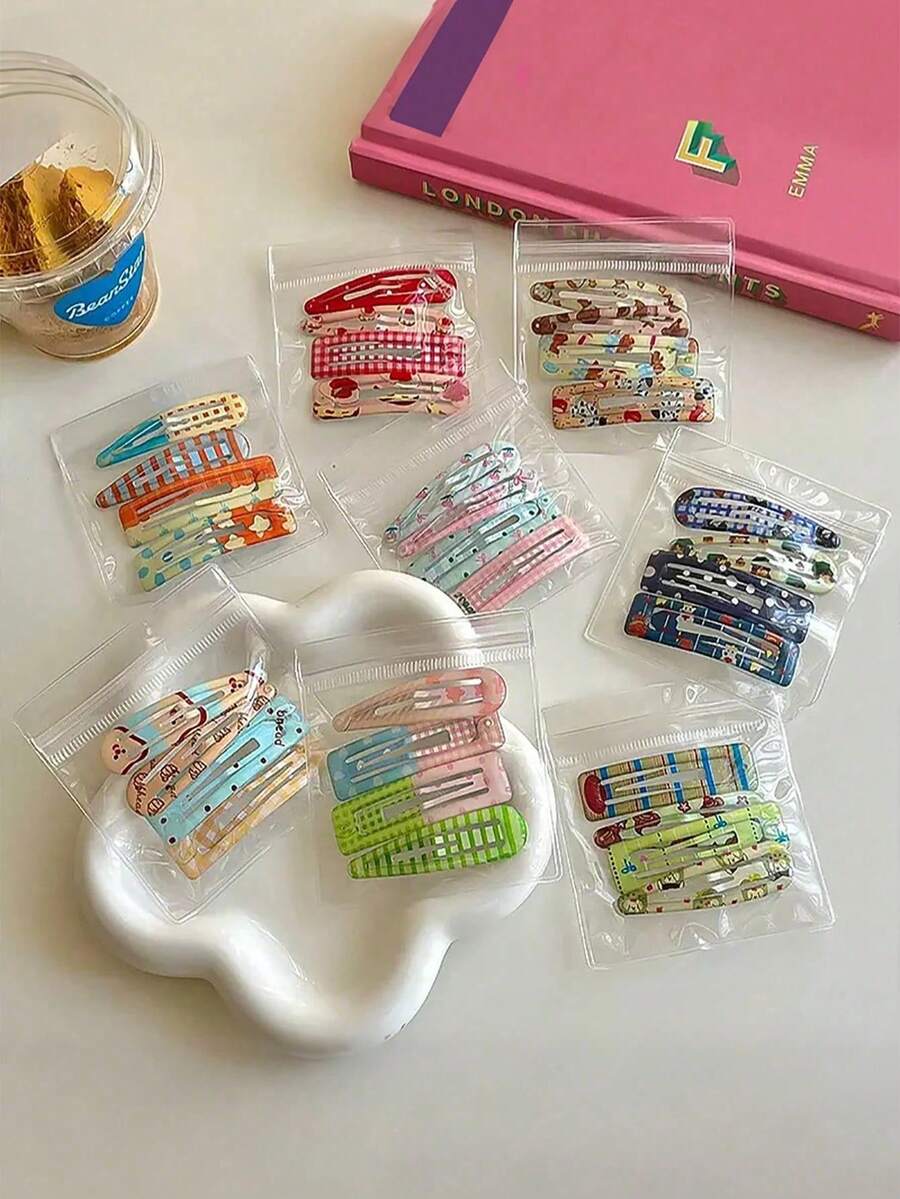 4pcs Cute Minimalist Printed BB Hair Clips, Fashionable Adorable Plaid Cartoon Hair Clips, Suitable For Bangs And Side Hair - Multicolor - View 1
