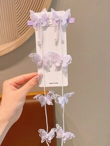 2pcs Girls' Sweet & Ethereal Princess Style Pearl Tassel Butterfly Net Lace Hair Clips - Multicolor - View 8