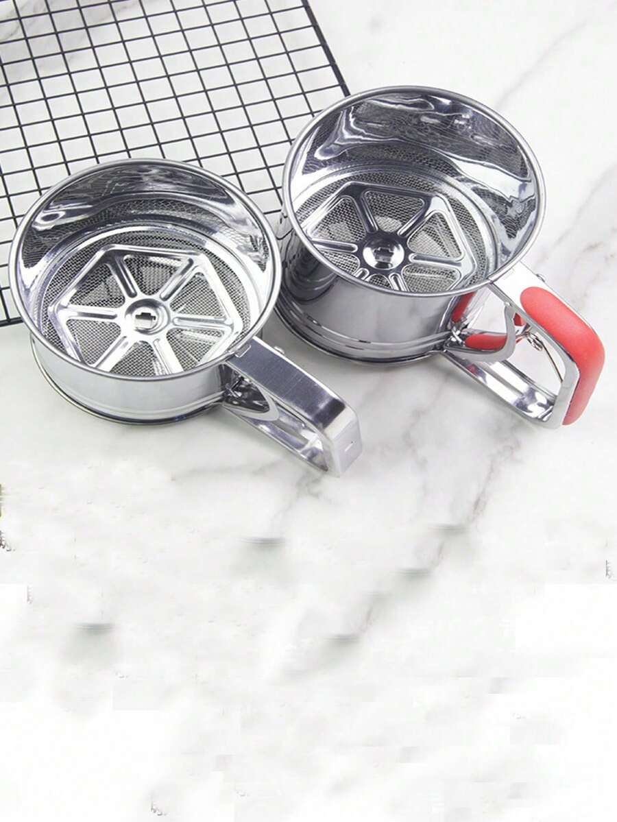 1个随机款式不锈钢双层手持硅胶手柄面粉筛,半自动烘焙工具 - 銀色均碼 - 查看 1