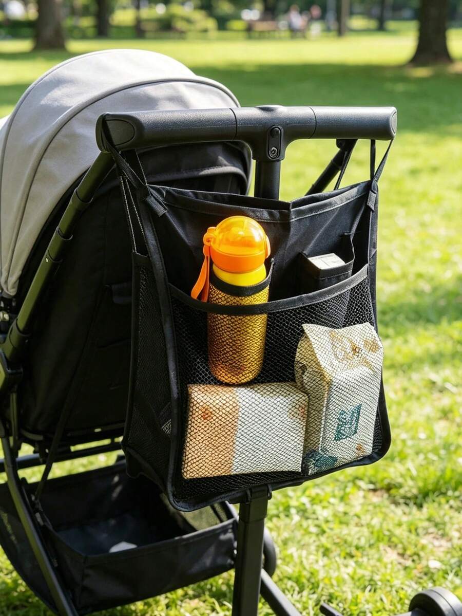 1 pieza Bolsa de red para cochecito de niños, bolsa colgante de almacenamiento para cochecito, bolsa organizadora de cochecito de gran capacidad y multifunción - Negro - Ver 1
