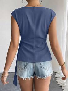 Women Summer Tops Cap Sleeve Crew Neck Tie Waist Shirt Spring Casual Business Work Blouses Clothes - Grayish blue - View 2