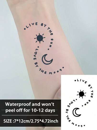 1 pièce Tatouage temporaire faux Tatouages Y2K soleil et lune Lettre Semi-permanent Tatouage Imperméable Résistant à la transpiration Dure 1-2 semaines Réaliste Jus d'herbes Anti-friction Non réfléchissant Noir Pour femme et homme Autocollants de tatouage pour bras, poitrine, jambe, abdomen, taille, doigt, cou, colonne vertébrale, art corporel moderniste