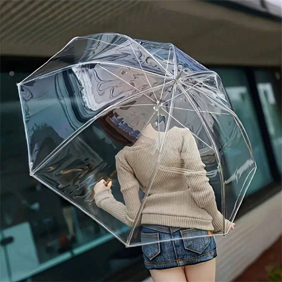 8-Rib Transparent Folding Umbrella, Windproof Waterproof Portable, Manual Open/Close, 210T Plastic Material, Classic Neutral Design, Suitable For Summer Beach Travel, Fashionable & Minimalist - Multicolor - View 1