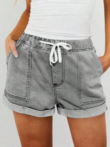 Women's Lightweight Summer Denim Shorts, Casual Loose Drawstring Elastic Waist, Cuffed Hem, Comfortable Vacation Denim Shorts - Gris Claro - Ver 1