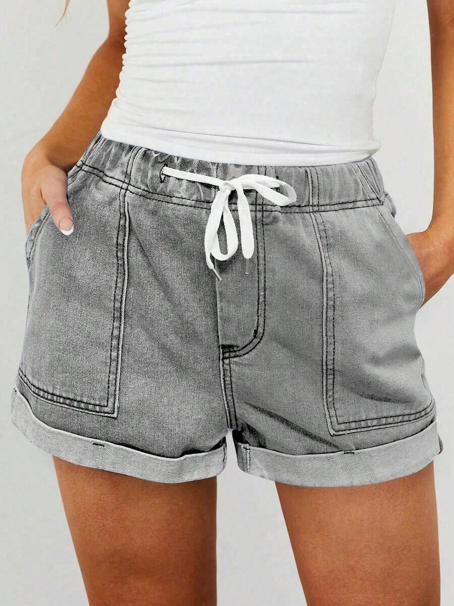 Women's Lightweight Summer Denim Shorts, Casual Loose Drawstring Elastic Waist, Cuffed Hem, Comfortable Vacation Denim Shorts - Gris Claro - Ver 1
