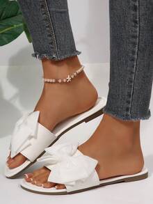 Flats Sandals Shoes For Women With Bow Comfortable Stylish Round Toe Casual Summer Lightweight Beach Slippers For Walking Travel Outdoor Slides - White - View 7
