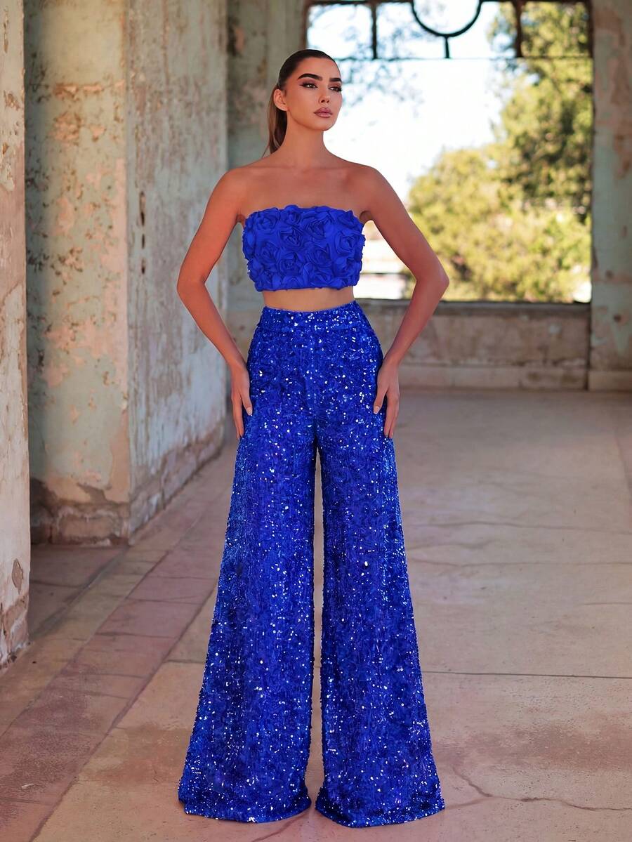 Faeriesty Bộ đồ nữ sang trọng gồm quần sequin lấp lánh và áo hai dây họa tiết hoa 3D, thiết kế tinh tế vượt thời gian, phù hợp cho thảm đỏ, dạ hội và đám cưới. - Xanh đậm - Xem 1