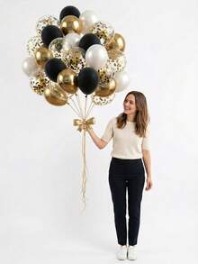 29PCS Balloon Set With Metal Confetti Balloons, Round Balloon Black Gold, Romantic Luxury, Suitable For Birthdays, Weddings, Valentine's Day, Christmas, New Year, Opening Ceremonies, Graduation Season, Home Decoration, Balloon Party Decoration - Black Gold - 查看 7