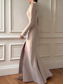 Floreya Spring/Summer Lightweight Business Commute Elegant Party Holiday Date Court Formal Long Sleeve Dress - Khaki - View 4