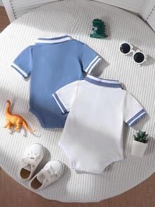 2pcs/Set Summer New Fashion Ribbed Polo Collar Dinosaur Print Romper & Shorts Set - Multicolor - View 2