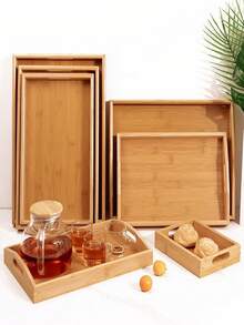1pc Multipurpose Bamboo Wood Tray, Natural Nan Bamboo Material, Japanese Minimalist Rustic Style, Suitable For Home Breakfast, Afternoon Tea, Camping Picnic, Christmas/New Year Holiday Meals Serving, No Print Original Wood Shape, Dual Hollow Handles + Rounded Corners Design, Non-Slip Heat-Resistant Easy-To-Clean Household Storage Tray - Wood Color - View 1