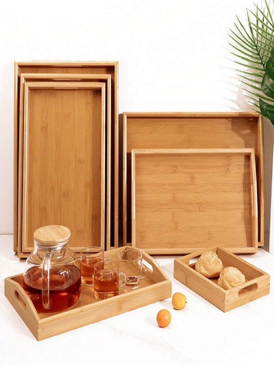 1pc Multipurpose Bamboo Wood Tray, Natural Nan Bamboo Material, Japanese Minimalist Rustic Style, Suitable For Home Breakfast, Afternoon Tea, Camping Picnic, Christmas/New Year Holiday Meals Serving, No Print Original Wood Shape, Dual Hollow Handles + Rounded Corners Design, Non-Slip Heat-Resistant Easy-To-Clean Household Storage Tray - Wood Color - View 1