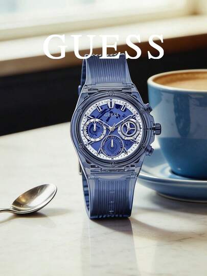  Ceas sport la modă GUESS cu cadran transparent bleumarin, ace luminoase, curea ușoară din rășină pentru o purtare confortabilă, potrivit pentru stradă, aniversare, vacanță, stil Cyberpunk, cadou excelent pentru bărbați și femei, rezistent la apă - GW0438L3