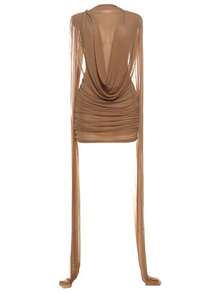 Elegant And Chic Ribbon Dress For Women, Pieced Pleated Net-Sheer See-Through Sexy High-Waisted Dress, Premium Formal Evening Gown - Màu Khaki - Xem 6