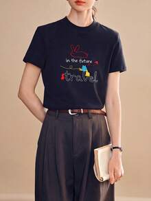 Women's Casual Minimalist Graphic Design Round Neck Knit Short Sleeve Top, Summer Black - Black - View 4