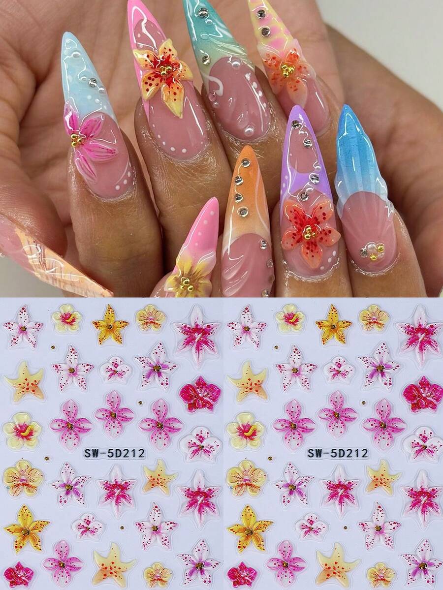 2片装热带夏季芙蓉花美甲贴纸，自粘彩色海星和花卉5D立体浮雕设计美甲贴花，黄色和粉色花卉图案美甲装饰DIY美甲用品（女士款） - 彩色 - 查看 1