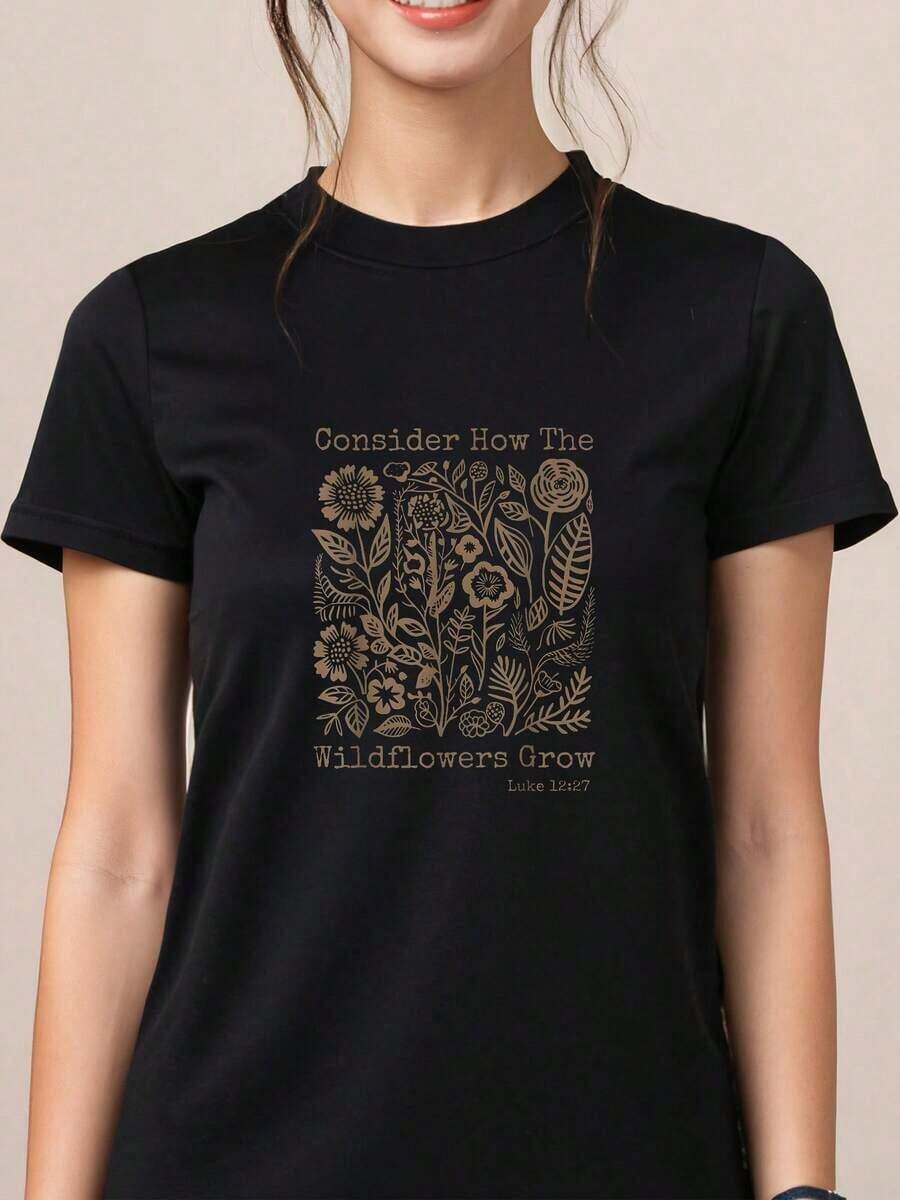 Consider How The Wildflowers Grow - Bible Verse - Cottagecore T-Shirt. Suitable For Participating In Church Activities. - Black - View 1