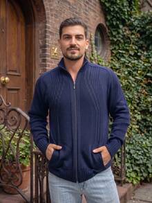 Spring / Autumn Autumn / Winter Regular Fit Knitted Buttons On The Front Zipper - Navy Blue - View 1