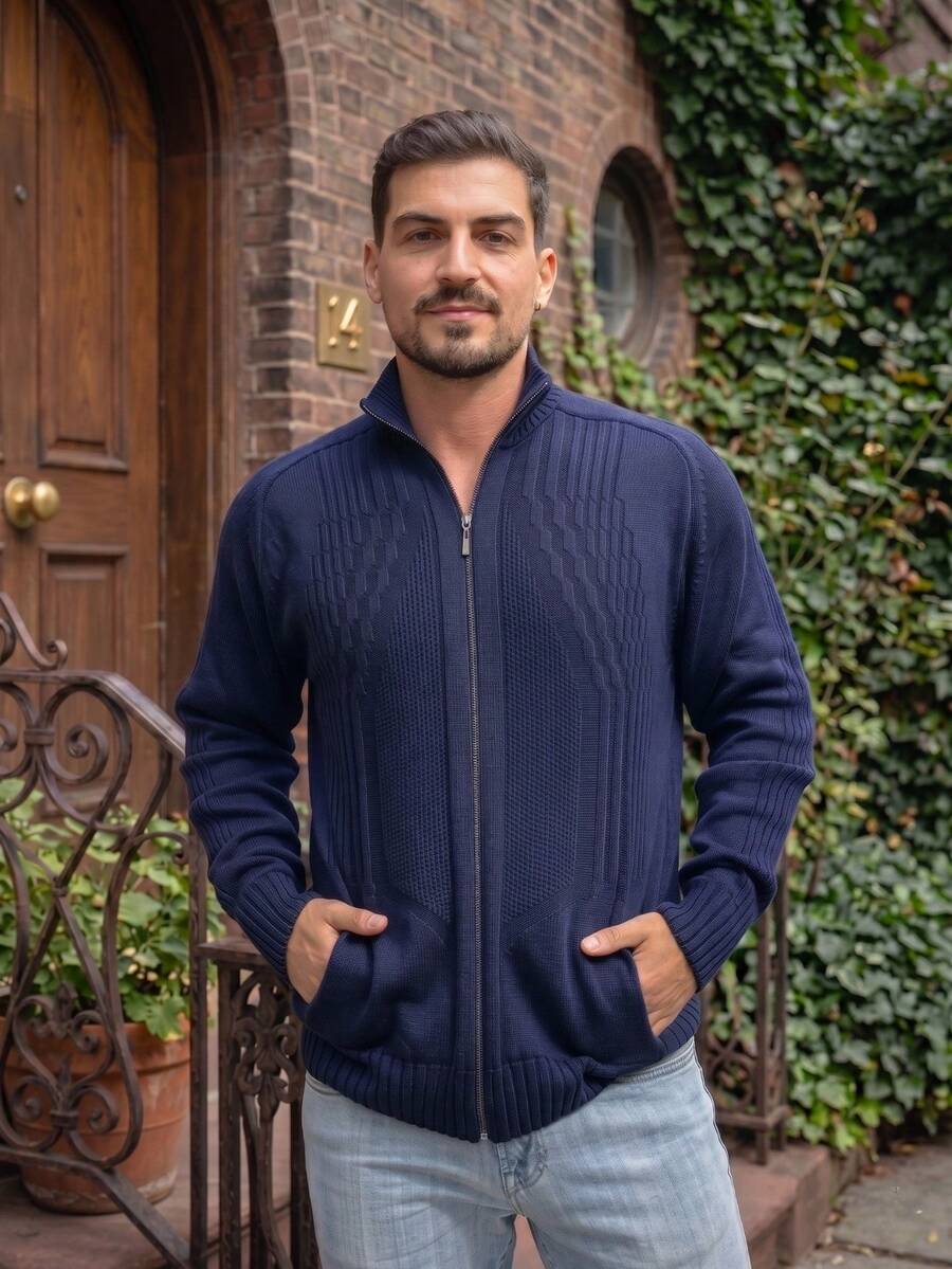 Spring / Autumn Autumn / Winter Regular Fit Knitted Buttons On The Front Zipper - Navy Blue - View 1