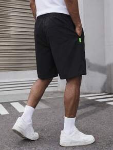 男士纯色口袋贴布抽绳腰短裤 - 黑色 - 查看 8