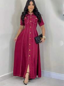 Women's Elegant Midi Dress With Gold Buttons, Shirt Collar, Short Sleeves, Solid Navy Blue, Fitted Waist, Vintage Style - 瑪薩拉酒 - 查看 3