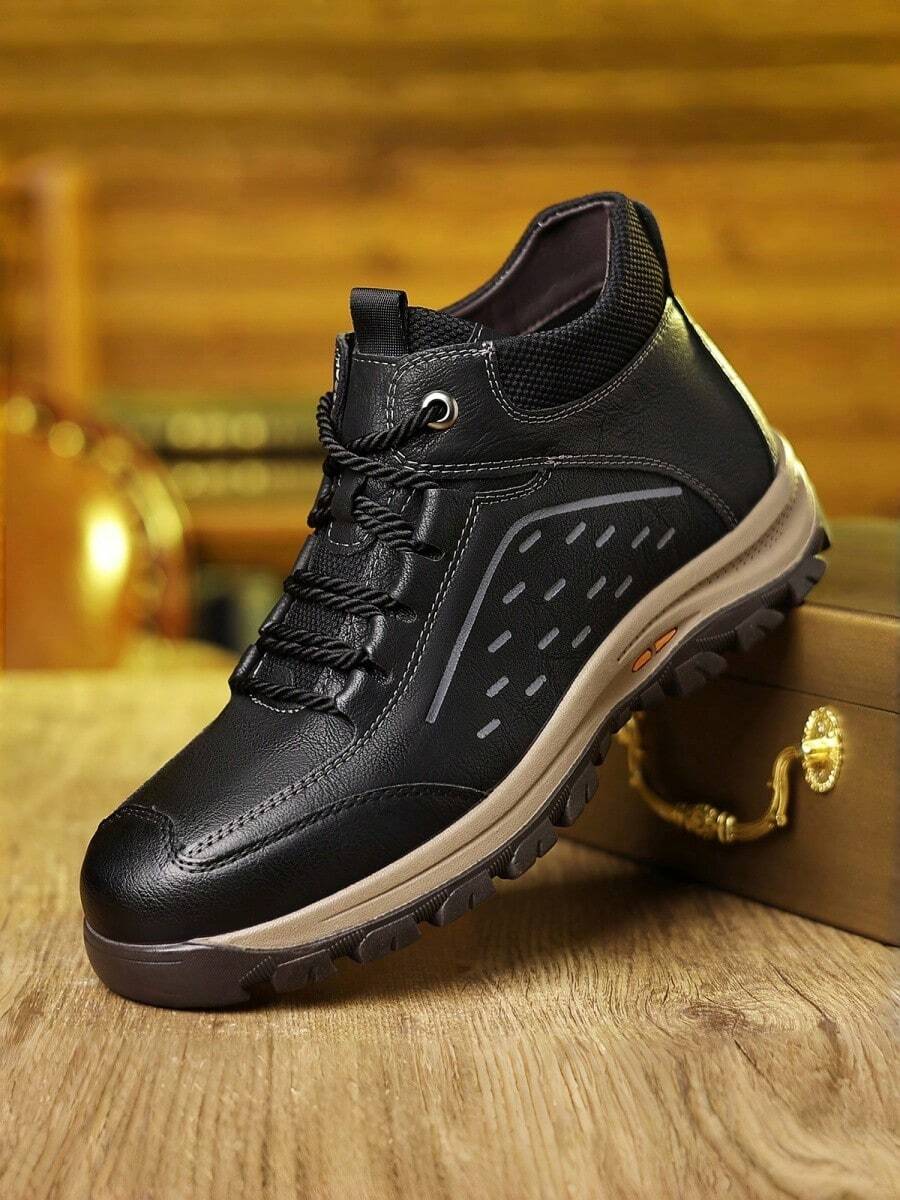Men's Faux Leather Mid Top Hiking Boots Lace Up Reflective Stitch Non Slip Thick Sole Lightweight Outdoor Walking Shoes For Travel Camping Daily