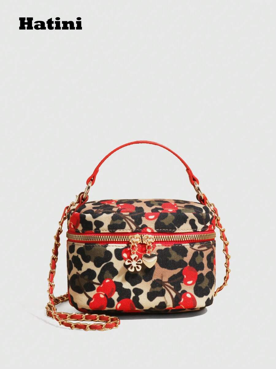 Mini Chain Shoulder Bag, Printed Patchwork Handbag, Cute Cherry Pattern Box Bag, Petite Adorable Bucket Bag, Versatile Crossbody Shoulder Bag, Suitable For Women Going To Work, Dating, Shopping, Casual, Beach, Music Festival, Party - Red - View 1