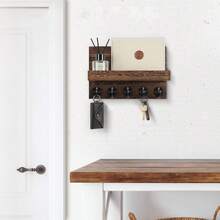 Organizador de llaves montado en la pared con estante, soporte decorativo para llaves y correo, incluye ganchos grandes para bolsas, abrigos, paraguas, hecho de madera de paulonia, incluye accesorios de instalación - Ver 2