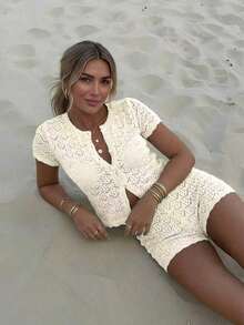 Women's Summer Vacation Set, Crochet Mesh Hollow Out Beach Short Sleeve Knit Cover Up + Shorts 2 Piece Set - Women's Vacation 2 Piece Set, Crochet Cover Up Nightclub Outfit, Women's Fitted Style White - Màu be - Xem 4