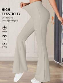 Pantalones acampanados de cintura alta de unicolor casual y deportivo para mujer de talla pequeña, primavera - Gris - Ver 3