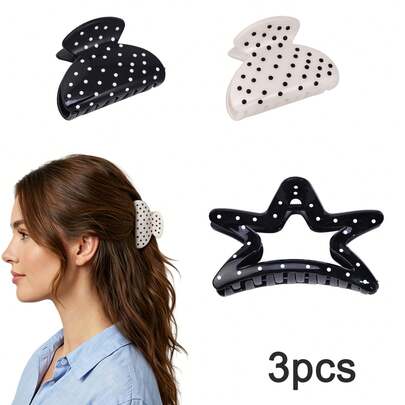 3pcs Set French Retro Black & White Polka Dot Hair Clips, Star Shaped Design, Large Size Shark Clip For Updo, Strong Grip Non-Slip Hair Accessories, Elegant Fashion For Thick Hair Styling