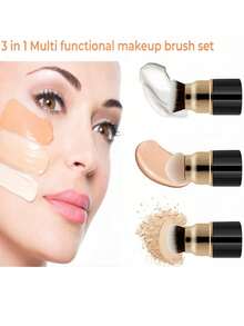 3合1多功能化妆刷套装，Queen Scepter 3合1专业粉底液化妆刷套装，歌舞伎腮红刷，散粉/粉底液/BB霜/防晒霜/高光/修容/遮瑕/腮红/膏状腮红适用，旅行化妆刷套装，带刷盖 - 彩色 - 查看 3