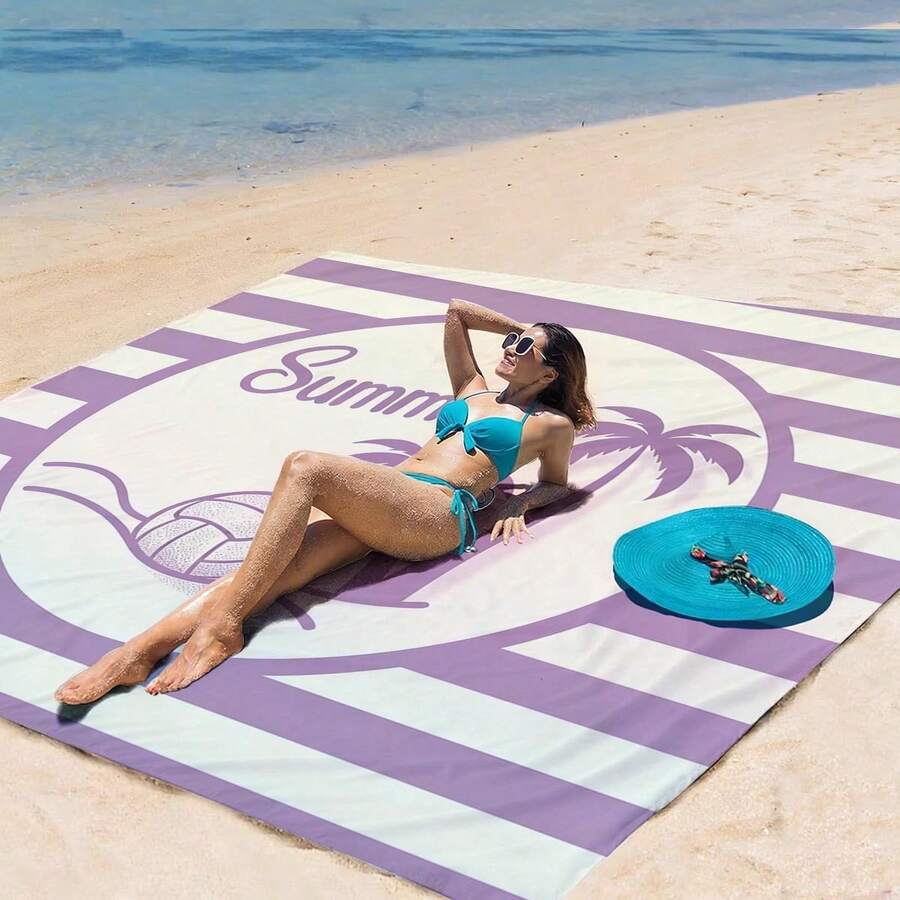 1pc Extra Large Fresh Purple Taro Palm Tree Quick-Dry Beach Blanket, Suitable For 1-3 Adults - Lightweight, Durable Polyester Fabric - Perfect For Travel, Camping, Hiking And Leisure Beach Time, Beach Mat, Camping Ground Cover - Taro Purple - View 1