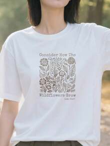 Consider How The Wildflowers Grow - Bible Verse - Cottagecore T-Shirt. Suitable For Participating In Church Activities. - White - View 4