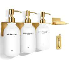 Euuztu Shampoo And Conditioner Dispenser Set - Shower Soap Dispenser Wall Mounted - Drill 17 Fl Oz Set Of 3 Plastic Pump Bottles And Soap Holder - Bộ 3 món bằng vàng - Xem 1