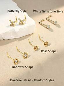 1pc 18K Gold Plated Stainless Steel L-Shaped Rose Flower Nose Ring, Suitable For Summer Cute Nose/Ear Piercing Jewelry, Available In Butterfly, Rose, Zirconia, Flower Designs, Y2K And Gothic Style Body Piercing Accessories For Nose Stud, Lip Ring, Ear Stud, Cartilage Hoop Etc. - Yellow Gold - View 4