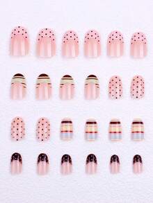 24 Stücke/Set Kurze ovale Nageltips im Frühlings- und Sommerstil, Y2K Baddie Stil, Nude, Gelb, Grün, Blau und Braun mit Französischer Kante, Streifen und Punktemuster, Französische Fake Nägel geeignet für Frauen und Mädchen, Party, Alltag, inklusive Werkzeugset, tolles Geschenk für Damen Nägel und Nagelbedarf - Verschiedenfarbig - Übersicht 2