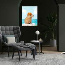 Pintura en lienzo 2D plana, 2D plana, sin marco, que representa un carpincho con una naranja en la cabeza, sentado tranquilamente sobre una roca junto al mar. Disponible en s de 8X12, 12X18, 16X24, 20X30 e 24X36 pulgadas. Es un regalo decorativo perfecto para salas de estar. - Enmarcado - Ver 2