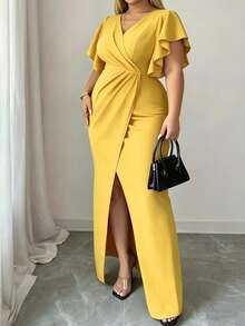 Vestido largo de mujer talla grande de cuello en V verde profundo, vestido de noche elegante con mangas cortas con volantes, cintura cruzada y abertura alta, vestido formal de fiesta de boda - Amarillo - Ver 2