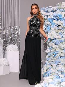 新款女士黑色缀饰露背开衩礼服，优雅舞会礼服，正式晚礼服 - 黑色 - 查看 5