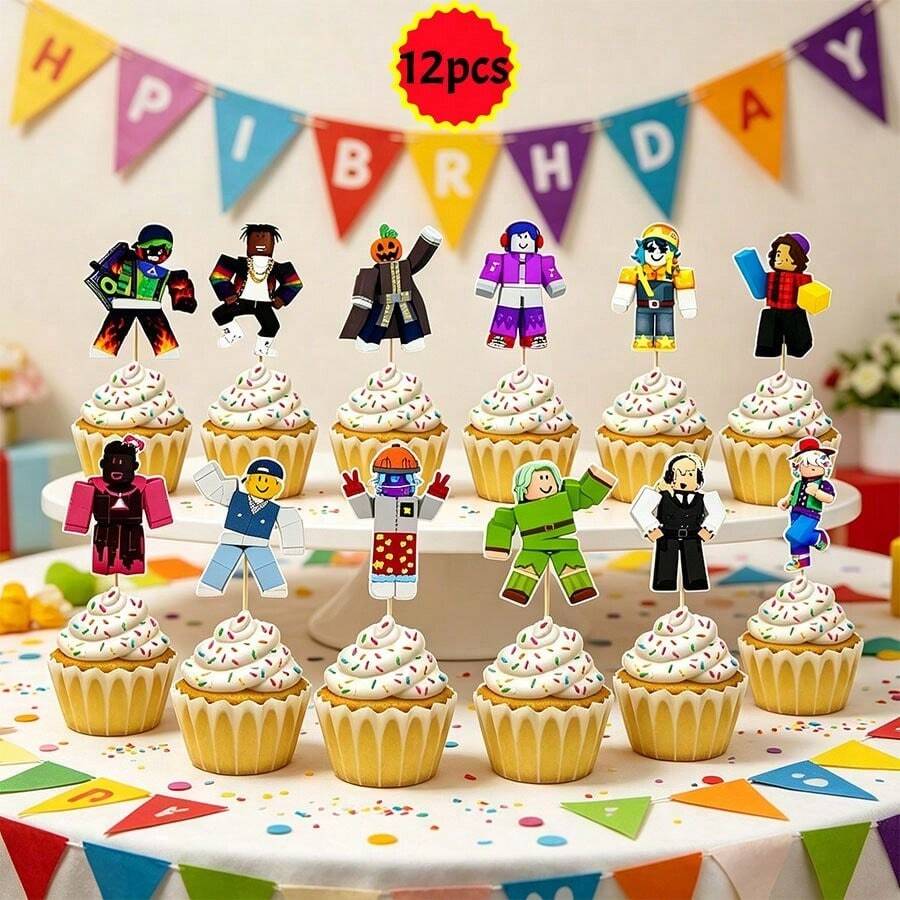 Roblox 12pcs Cartoon Cake Toppers, Birthday Party Supplies, Assorted Shapes & Colors Mini Cake Decorations, Pixel Game Items, Gifts, Wedding Cake Decor, Birthday Party, Graduation, Banquet Supplies, Paper - Roblo Boy Cake Insert - View 1