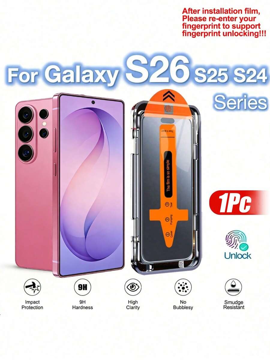 适用于6.9英寸Galaxy S26 Ultra的安卓手机屏幕保护膜，超清钢化玻璃材质，支持屏下指纹解锁，9H+硬度，附带安装工具和自动对齐工具。兼容Galaxy S26 Ultra/S26+/S26、S25 Ultra/S25+/S25/S25 Edge、S24 Ultra/S24+/S24、S23+/S23、S22+/S22、S21+/S21。母亲节礼物之选。