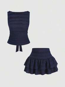 Conjunto de 2 piezas de top sin mangas plisado y minifalda de unicolor para mujer - Azul - Ver 9