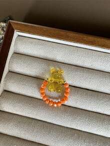 6pcs/Set Cartoon Cute Candy Color Teddy Bear Pendant & Beaded Ring Set, Fashion Girls Jewelry Rings - Multicolor - View 4
