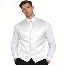 Sizes XS To 6XL Men's 3-Piece Tuxedo Vest Set – Satin Waistcoat With Bow Tie And Pocket Square For Wedding, Prom, Formal Events - 白色 - 查看 1