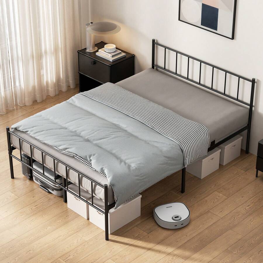 Lit en métal 140x190 cm, cadre de lit double à lattes, lit plateforme en acier, lit moderne avec tête et pied de lit, 32 cm d'espace de rangement sous le lit, silencieux, stable jusqu'à 360 kg, pieds antidérapants, montage facile, cadre de lit noir - Noir - Voir 1