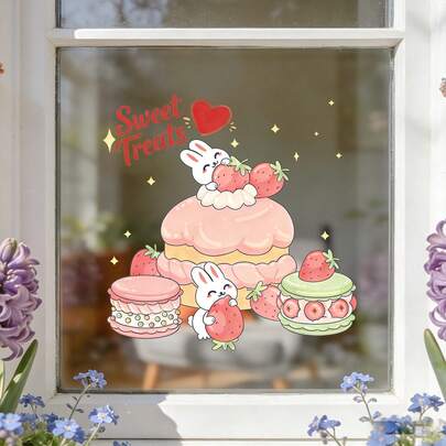 CHAILLY Pink Bunny Strawberry Dessert Window Decal, Sweet Treats Macaron Cake Static Window Cling, No Residue Removable Sticker For Home Kitchen Party Decor