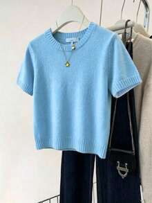 Solid Color Ribbed Knit Top, Fashionable For Spring/Summer Casual Wear - Baby Blue - View 5