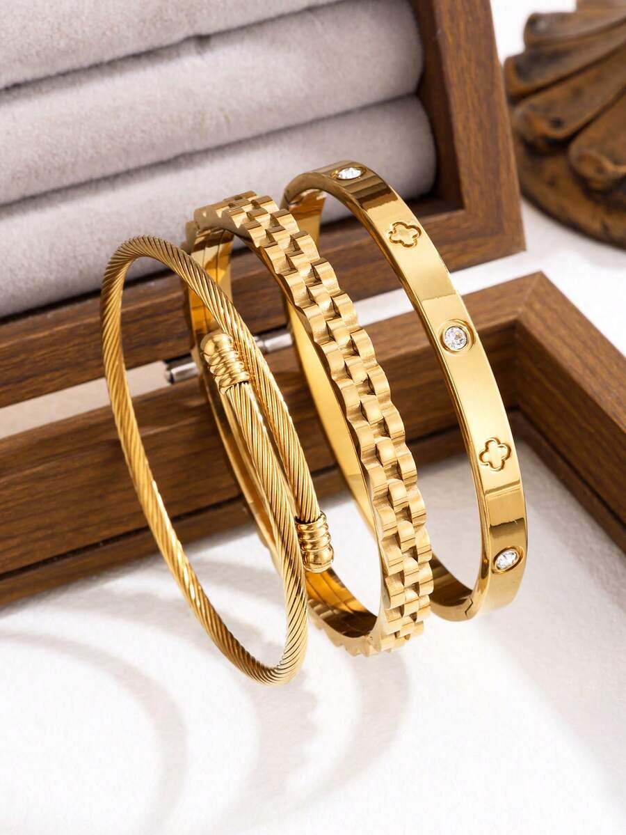 New Stainless Steel High Quality Floral Zirconia Women's Bangle Bracelet Set, Suitable For Daily Wear - Golden Yellow 22 - View 1